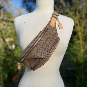 Coach  Signature Canvas Belt Bag with Tan Leather Accents